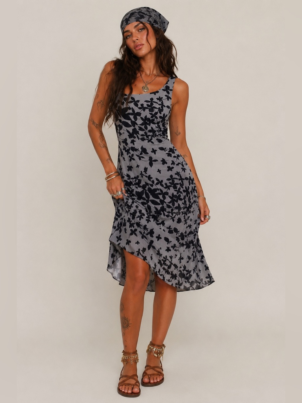 B. Moss Vintage 90s Gray Black Spring Unique Neckline Floral Midi Dress NWT Sz 8